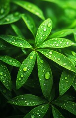 Refreshing green leaves with raindrops nature close-up lush environment