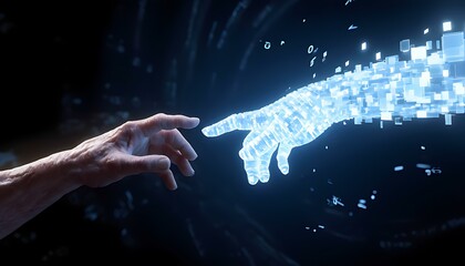 Hands reaching out to each other — one human hand with realistic skin texture, the other a glowing holographic hand 