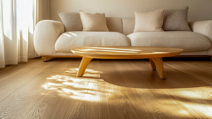 Sunlit wooden floor interior casting warm shadows across living space highlighting minimal decor natural lighting ideal for architecture and real estate marketing content