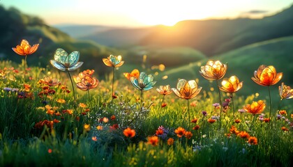 A whimsical garden filled with flowers made of stained glass