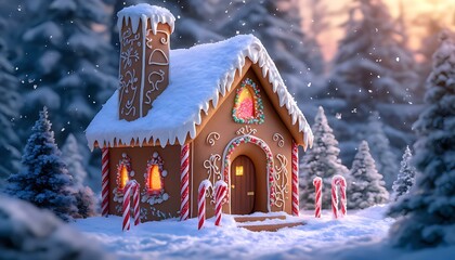 A cozy cottage built from gingerbread, with candy cane pillars and gumdrop windows