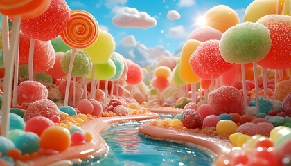 A whimsical forest made of candy, with lollipop trees and syrup rivers