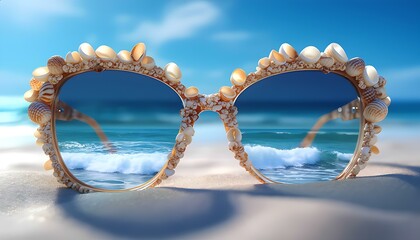 A pair of sunglasses with frames crafted from intertwined seashells and coral fragments, reflecting the sparkling ocean waves