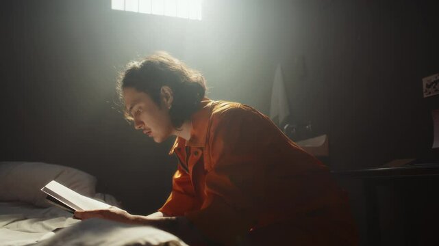 Inmate in orange jumpsuit kneeling by bed, reading Bible and looking thoughtfully upwards while praying in prison cell filled with sunlight