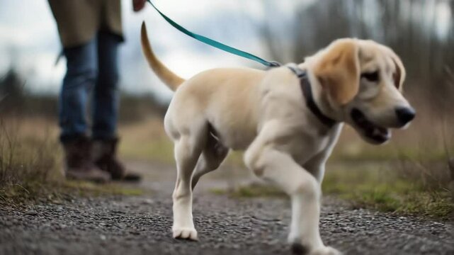 A joyful labrador puppy runs happily during a walk on a blurred, natural path, enjoying the outdoor fun with his owner.