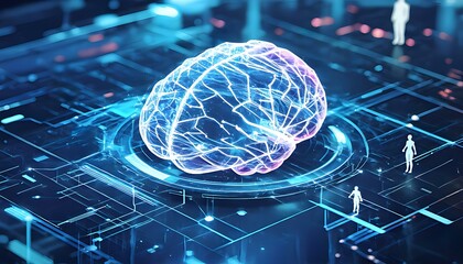 Futuristic AI brain interface with neural network connections and glowing data streams
