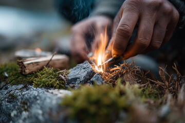 Close-up of hands using flint and steel to start a fire on mossy ground, dry tinder igniting, detailed textures, dramatic natural light.