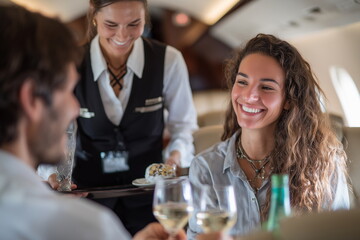 Cabin crew serving drinks to a seated couple in a private jet, elegant in-flight service, luxury lifestyle, bright cabin lighting.