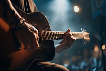 Obraz premium Close-up of a musician playing an acoustic guitar on stage under dramatic lighting