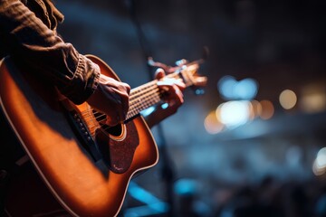 Obraz premium Close up hand A man playing guitar at concert