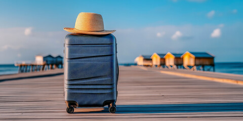 Traveler Suitcase with Straw Hat on Beach Resort Boardwalk for Travel and Vacation Branding Campaigns