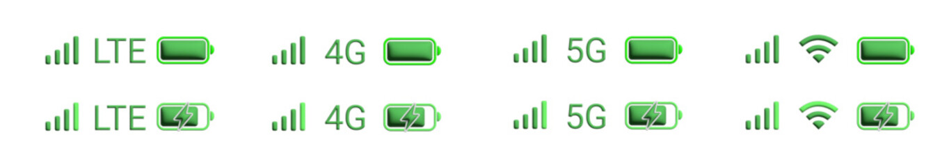 Mobile phone signal LTE, 4G, 5G, wi-fi, battery icon. 3d