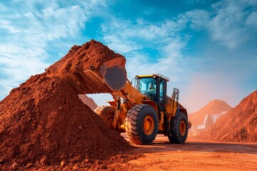Obraz premium A large excavator operates at a construction site, scooping up piles of red earth as dust rises. Bright sunlight illuminates the machinery and surroundings, revealing a vibrant landscape