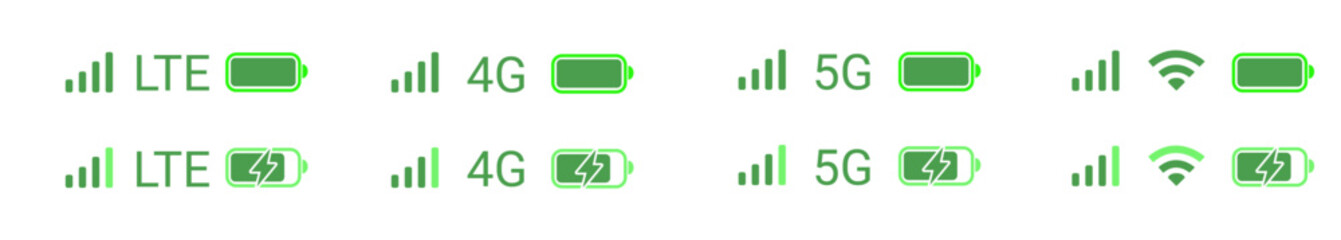  Mobile phone signal LTE, 4G, 5G, wi-fi, battery icon. 