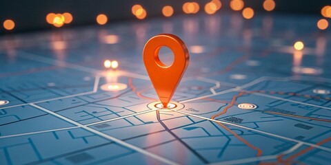 Orange location pin on a detailed map with glowing lights indicating destinations and routes