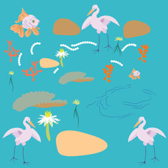 colorful elements of foliage, birds, fish, to create a print