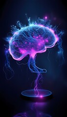 Digital simulation of a human brain with neural networks visualized as glowing holographic lines and synapse sparks, pulsating with purple and blue light