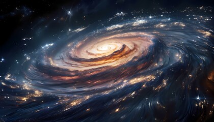 Digital simulation of a galaxy spiral made of holographic light trails and star-like particles, glowing gold and silver hues, rotating in a dark cosmic background