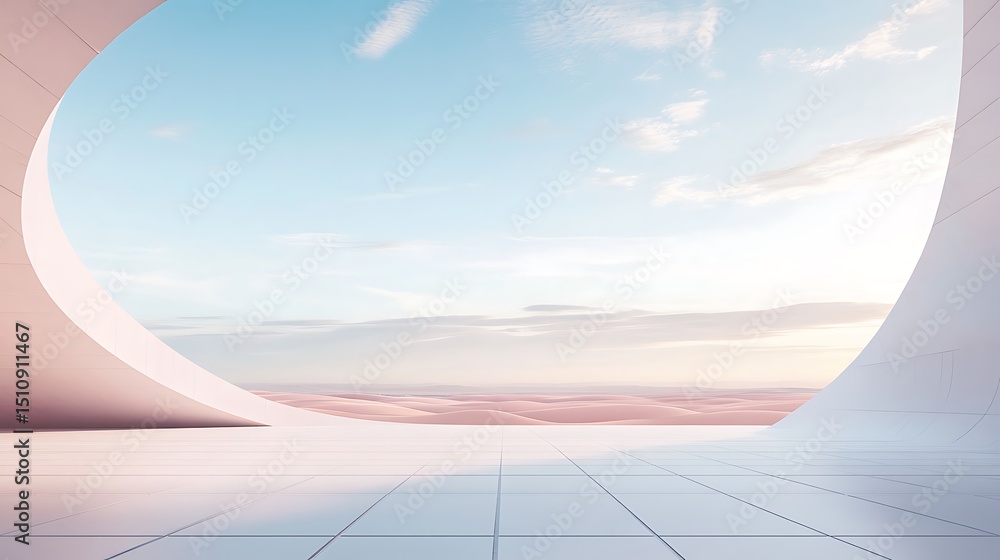 Poster minimalist architectural frame with a desert landscape: pastel tones and circular structure creating