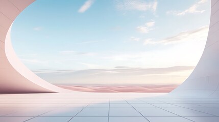 Minimalist Architectural Frame with a Desert Landscape: Pastel Tones and Circular Structure Creating a Serene and Modern Composition.