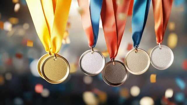 Metal medals on colorful ribbons with bokeh background for award ceremony and competition