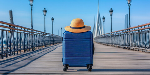 Stylish suitcase and straw hat poised on wooden pier perfect scene for travel blog adventure packing and vacation planning imagery
