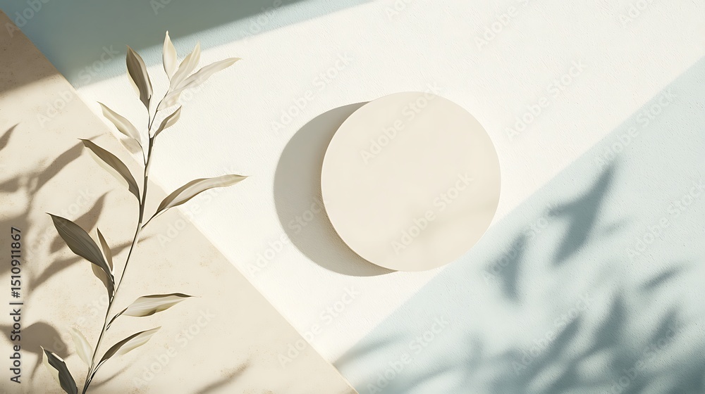 Aufkleber minimalist botanical showcase: elegant circle platform with leaf shadows on textured light backgroun