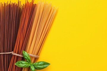 Assortment of dried pasta of various colors and tones, tied with twine and adorned with fresh basil leaves, set against a vibrant yellow background. High angle, close up view.