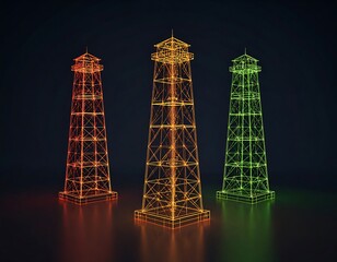 Three glowing wireframe lighthouses