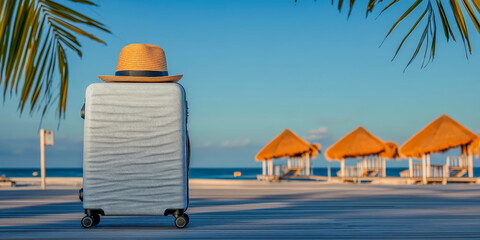Traveler Suitcase with Straw Hat on Beach Resort Boardwalk for Travel and Vacation Branding Campaigns