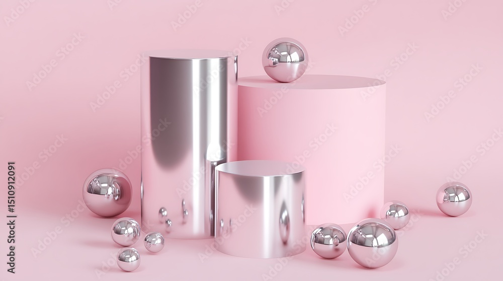Poster minimalist display with cylinders and spheres on light pink background for product mockups and abstr