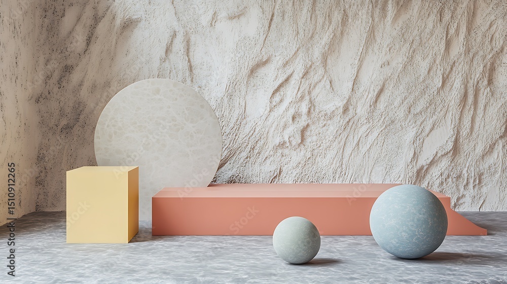 Poster minimalist geometric composition with textured backdrop: abstract shapes, earth tones, and visual ha