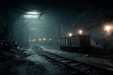 Obraz premium An eerie underground mine features dim lighting illuminating dusty tracks and an empty cart, surrounded by rough stone walls. Silence prevails in this forgotten space