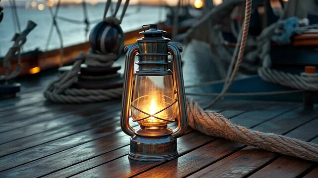 Nautical oil lamp on wooden deck
