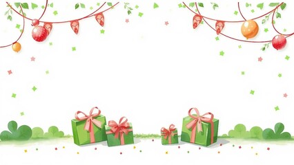 Niedliche Geburtstagsgeschenke mit gr&uuml;nen und gelben Schleifen auf wei&szlig;em Hintergrund, ideal als Rahmenmotiv mit Textfreiraum.