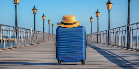 Stylish suitcase and straw hat poised on wooden pier perfect scene for travel blog adventure packing and vacation planning imagery