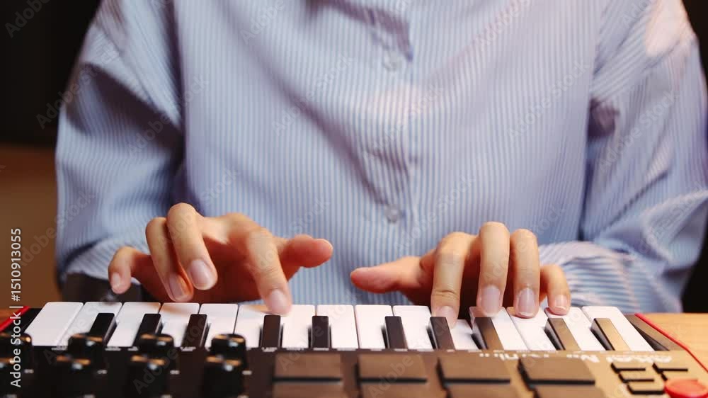 Poster detailed close-up of hands playing a synthesizer keyboard in a dimly lit music studio setting