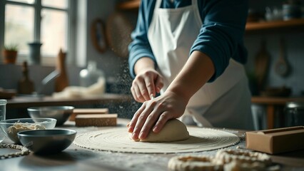 Obraz premium Nahaufnahme einer Person beim Kneten von Teig in einer rustikalen Küche – authentischer Einblick ins Backhandwerk.