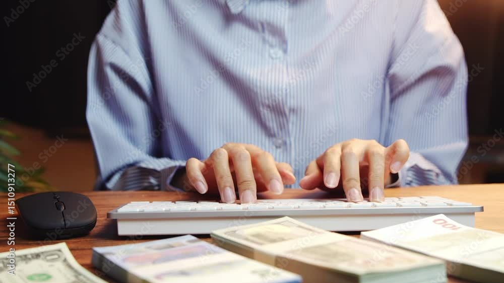 Poster hands typing on keyboard with cash and mouse on wooden table in soft lighting