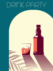 Drink party on the beach, summer bar, restaurant poster, flat design. Whiskey, glass of gin with ice, booze, strong alcohol, brandy, cognac