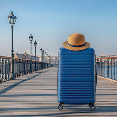 Stylish suitcase and straw hat poised on wooden pier perfect scene for travel blog adventure packing and vacation planning imagery