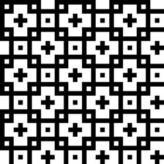 Geometric pattern of crosses and squares in a repeating tile design, black color vector graphic with isolated background.