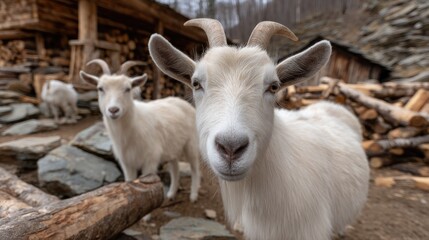 Fototapeta premium Several white goats enjoy eating fresh grass from wooden shelves in a peaceful farm environment during a sunny day