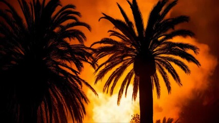 Silhouettes of palm trees during a fire.