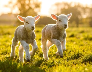 Fototapeta premium Two lambs running in a field at sunrise