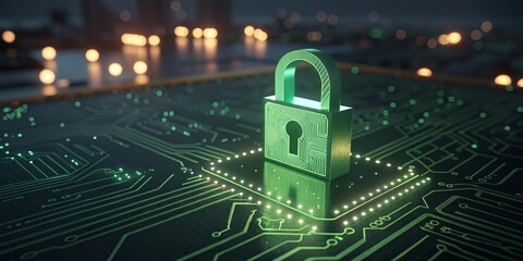 Digital padlock on illuminated circuit board representing cybersecurity and data protection