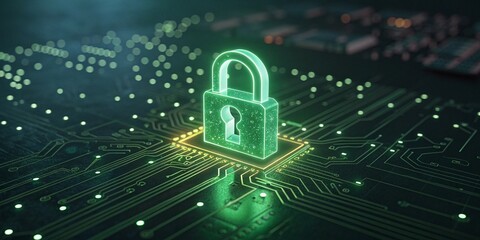 Glowing green padlock symbolizing digital security on a circuit board background