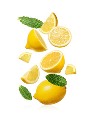 Lemon and mint leaves isolated on white background