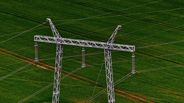 A steel transmission tower supports 110 kV power lines over a green field&mdash;key to the energy grid.
