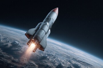 Space shuttle launch in deep space with rocket engines firing.